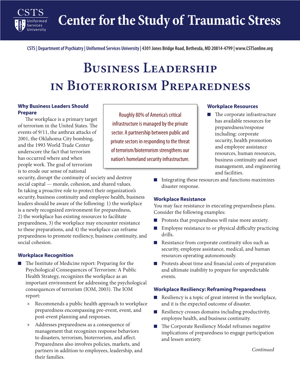 Business Leadership in Bioterrorism Preparedness