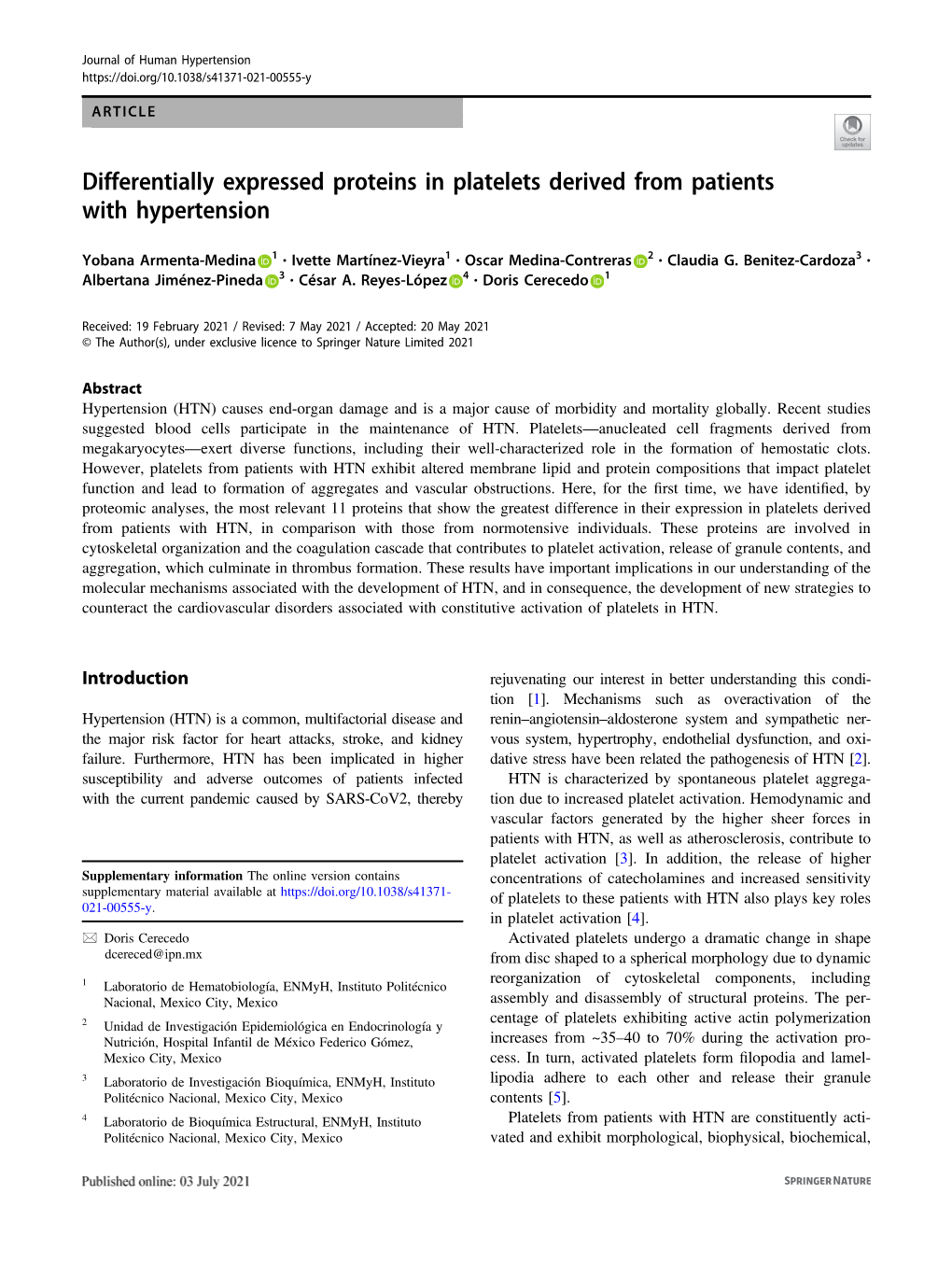 Differentially Expressed Proteins in Platelets Derived from Patients with Hypertension