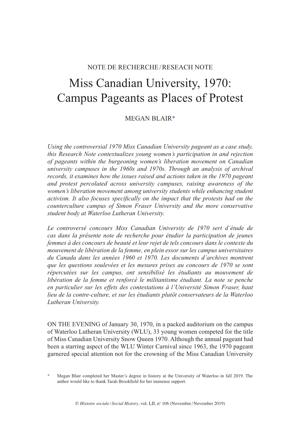 Miss Canadian University, 1970: Campus Pageants As Places of Protest