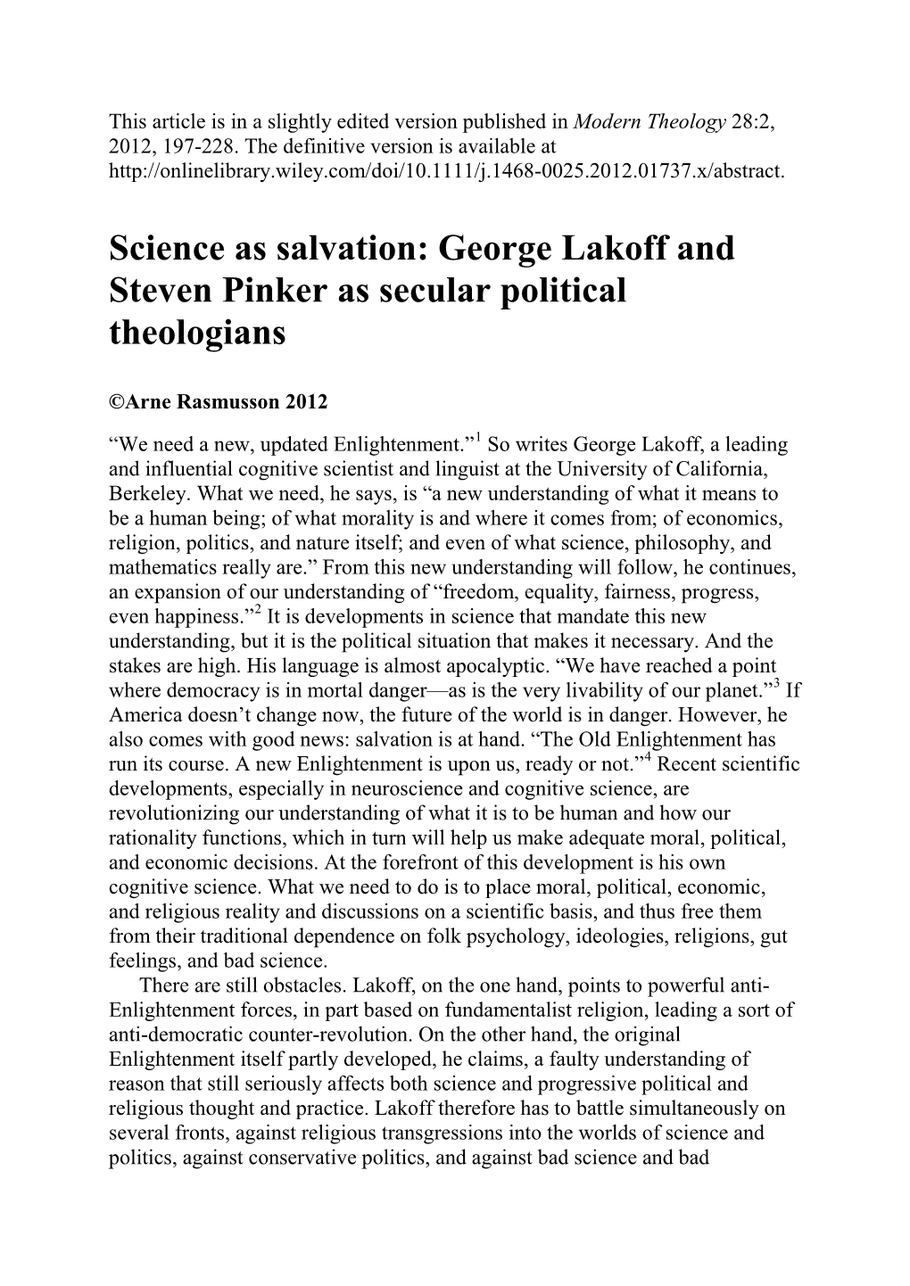 George Lakoff and Steven Pinker As Secular Political Theologians