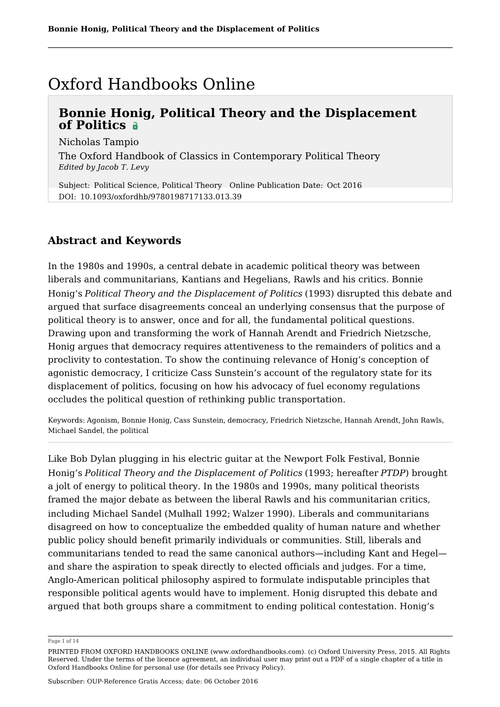 Bonnie Honig, Political Theory and the Displacement of Politics