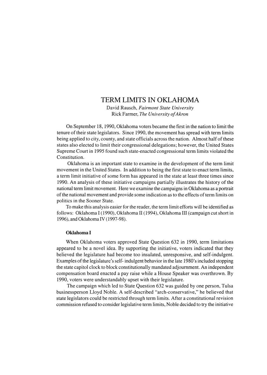 TERM LIMITS in OKLAHOMA David Rausch, Fairmont State University Rick Farmer, the University Ofakron