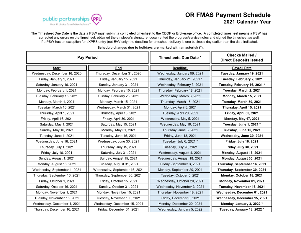 PSW Payment Schedule Year 2021