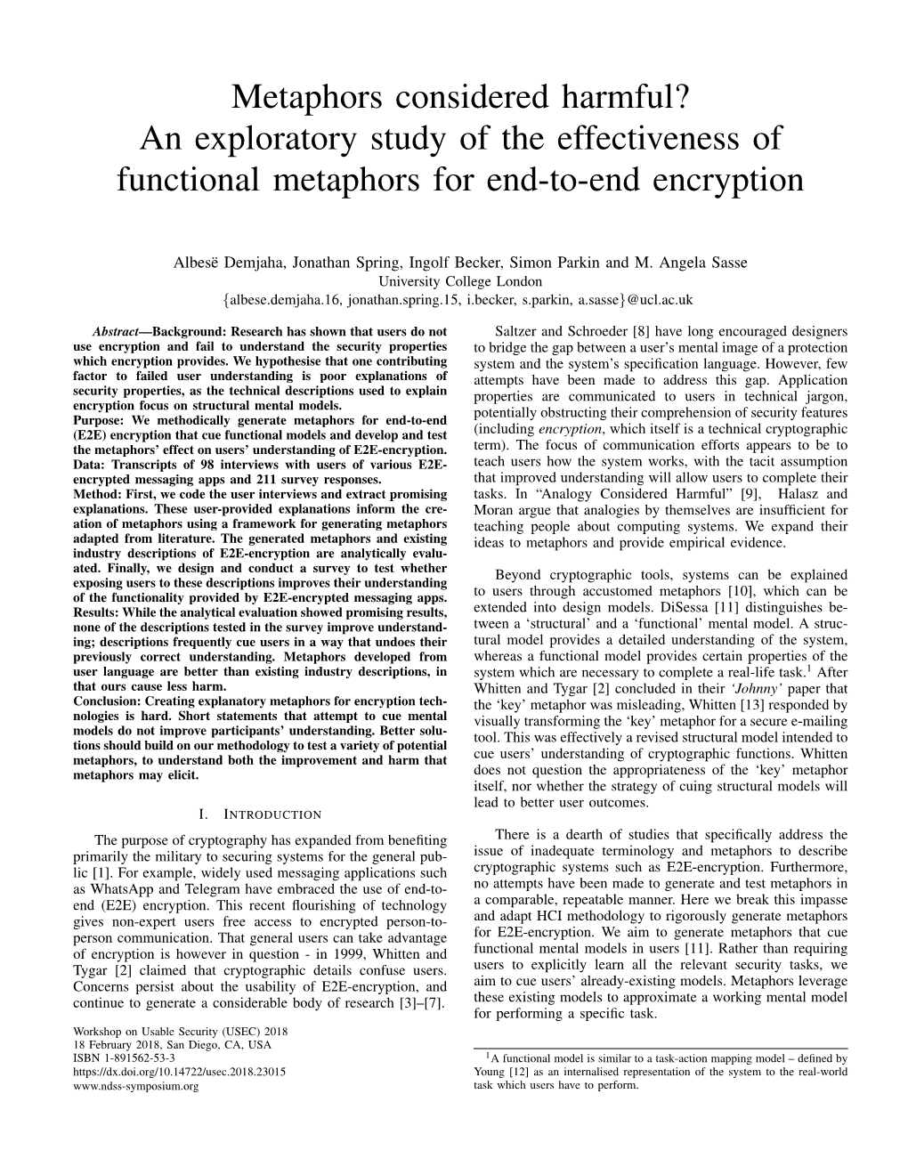 An Exploratory Study of the Effectiveness of Functional Metaphors for End-To-End Encryption