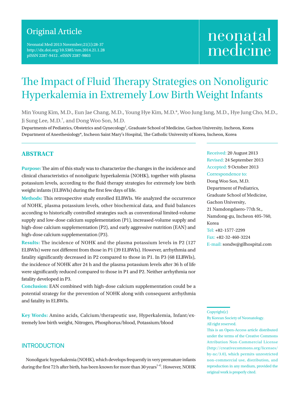 The Impact of Fluid Therapy Strategies on Nonoliguric Hyperkalemia in Extremely Low Birth Weight Infants