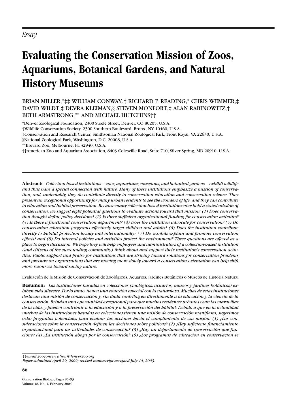 Evaluating the Conservation Mission of Zoos, Aquariums, Botanical Gardens, and Natural History Museums