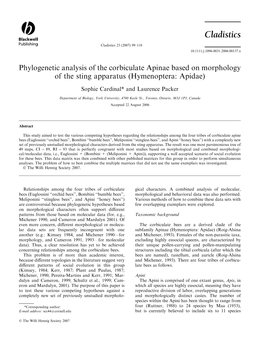 Phylogenetic Analysis of the Corbiculate Apinae Based on Morphology of the Sting Apparatus (Hymenoptera: Apidae)