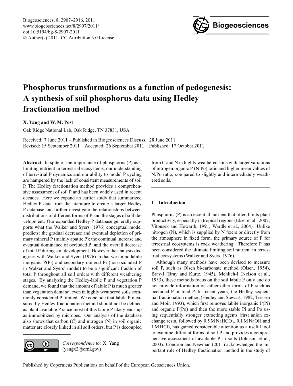 Phosphorus Transformations As a Function of Pedogenesis: a Synthesis of Soil Phosphorus Data Using Hedley Fractionation Method