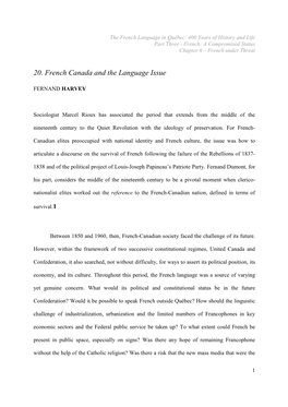 The French Language in Québec: 400 Years of History and Life Part Three - French: a Compromised Status Chapter 6 – French Under Threat