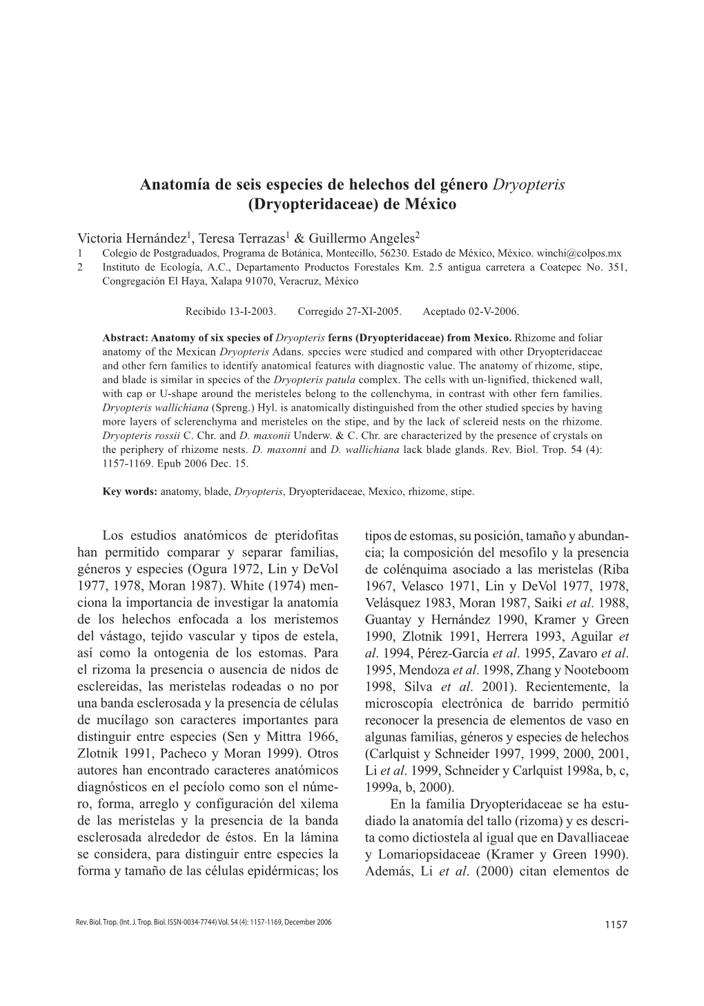 Anatomía De Seis Especies De Helechos Del Género Dryopteris (Dryopteridaceae) De México