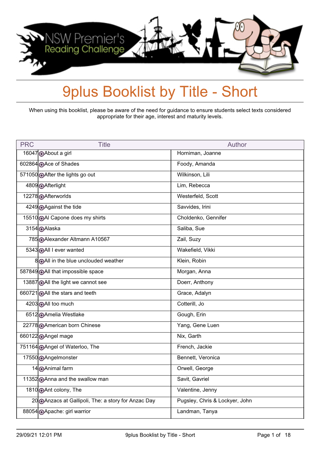 9Plus Booklist by Title - Short