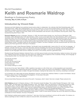 Keith and Rosmarie Waldrop Readings in Contemporary Poetry Thursday, May 10, 2016, 6:30 Pm