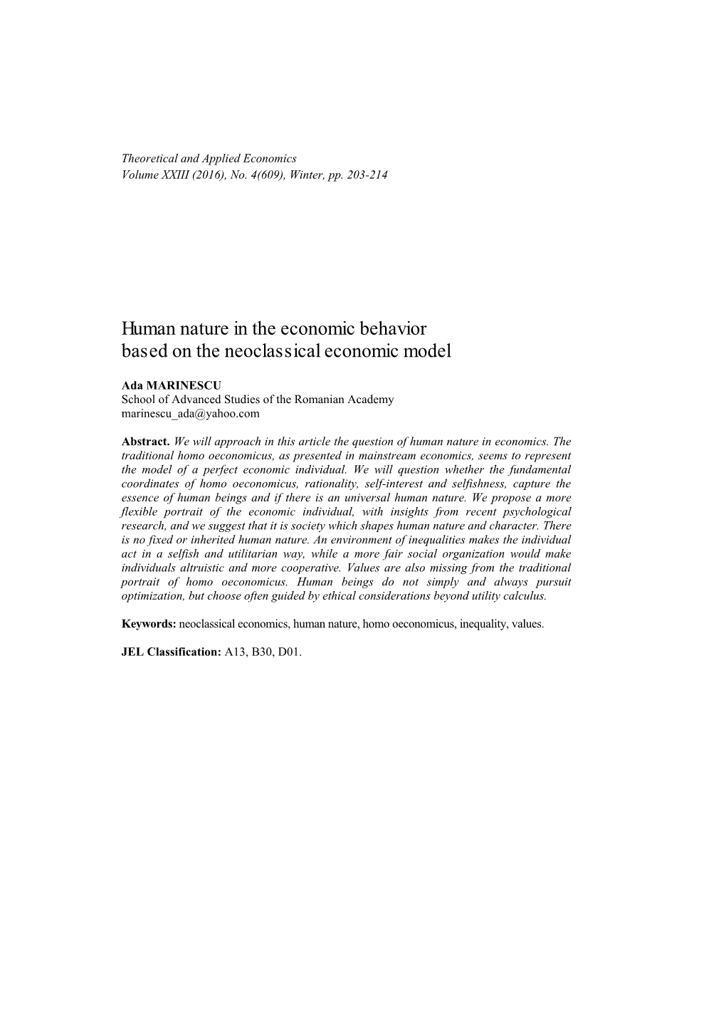 Human Nature in the Economic Behavior Based on the Neoclassical Economic Model