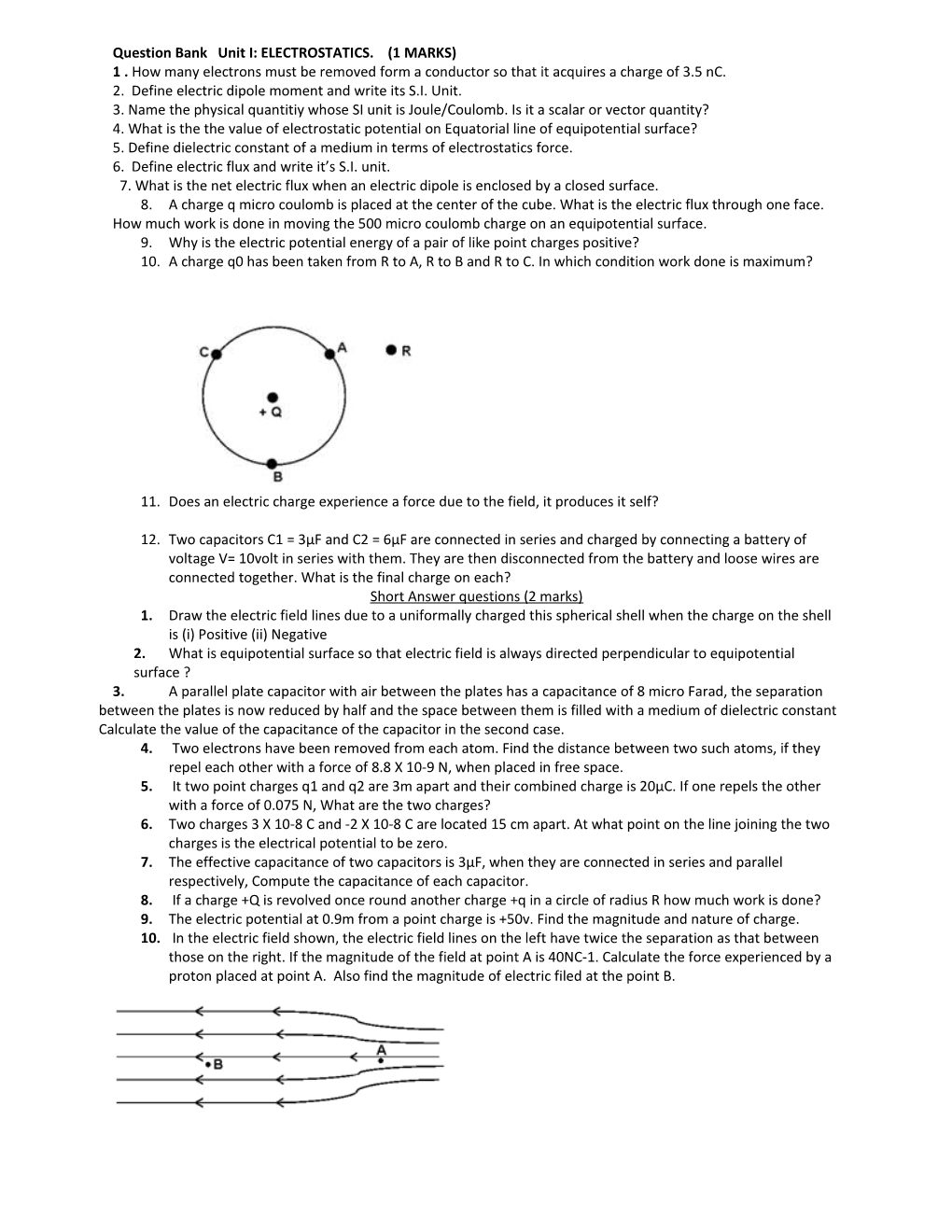 Question Bank Unit I: ELECTROSTATICS. (1 MARKS)