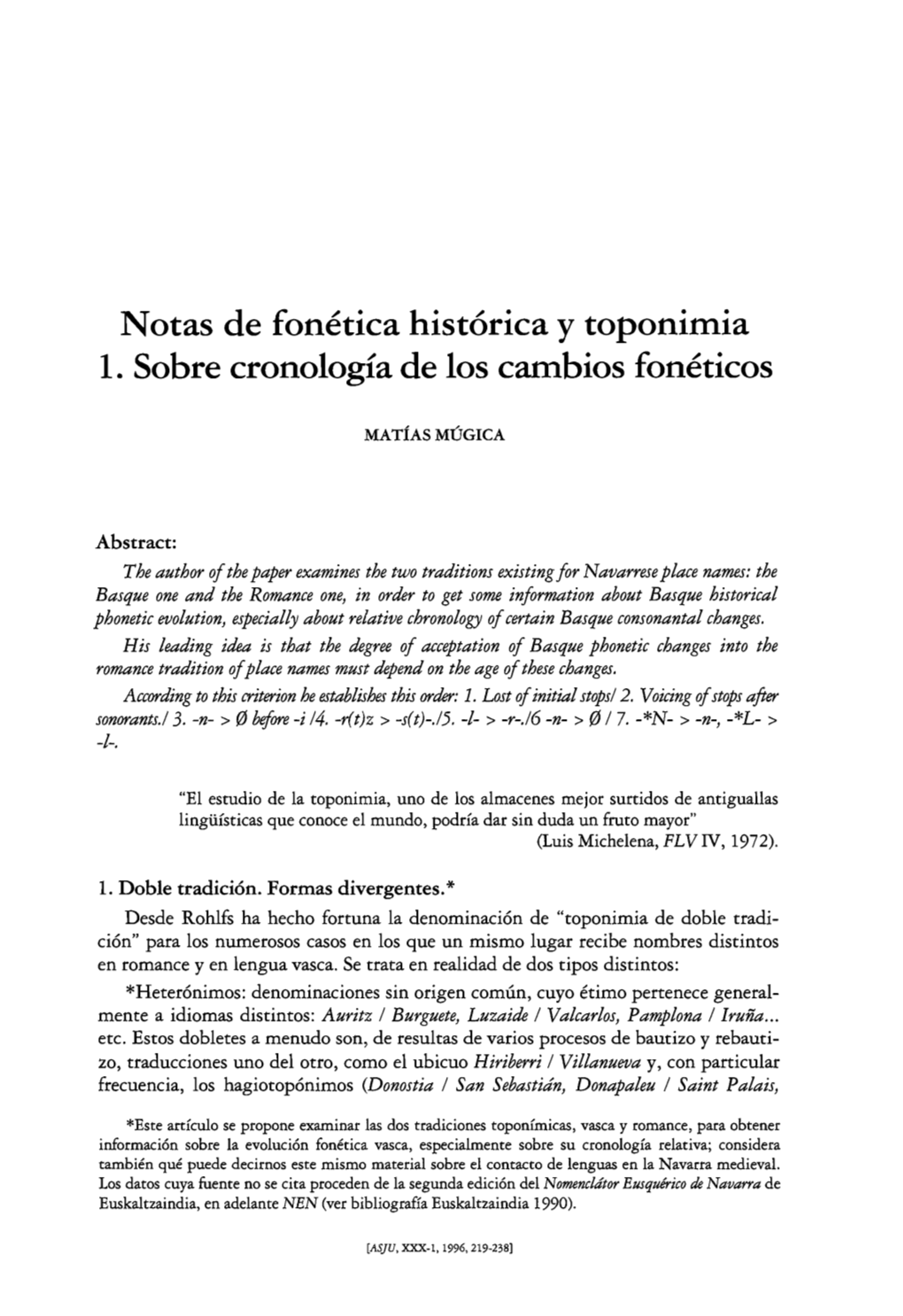 Notas De Fonetica Historica Y Toponimia 1. Sobre Cronologia De 10S Cambios Foneticos