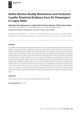Airline Service Quality Dimensions and Customer Loyalty: Empirical Evidence from Air Passengers’ in Lagos State