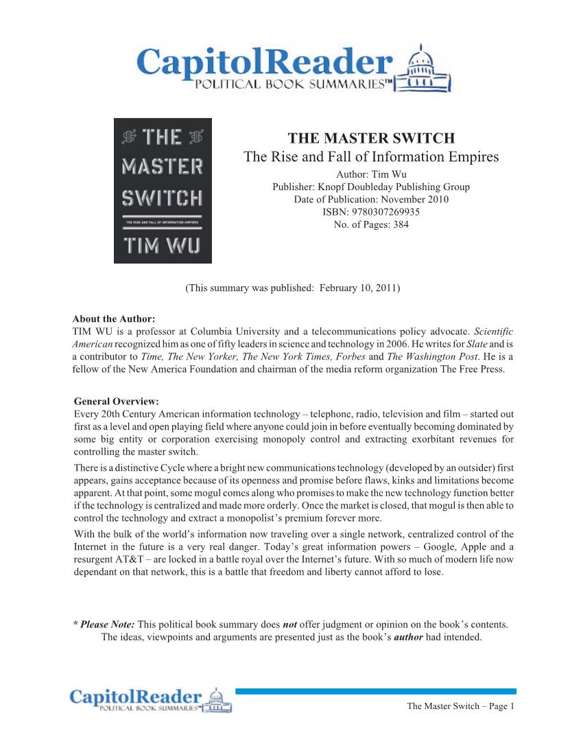 THE MASTER SWITCH the Rise and Fall of Information Empires