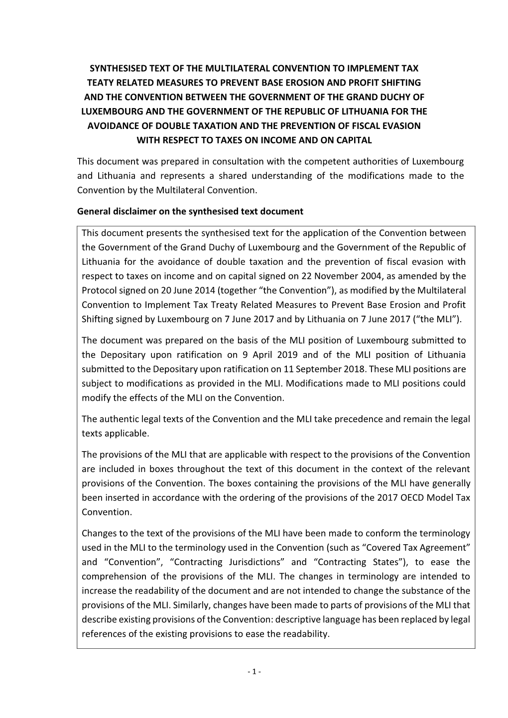 Synthesised Text of the Multilateral Convention to Implement
