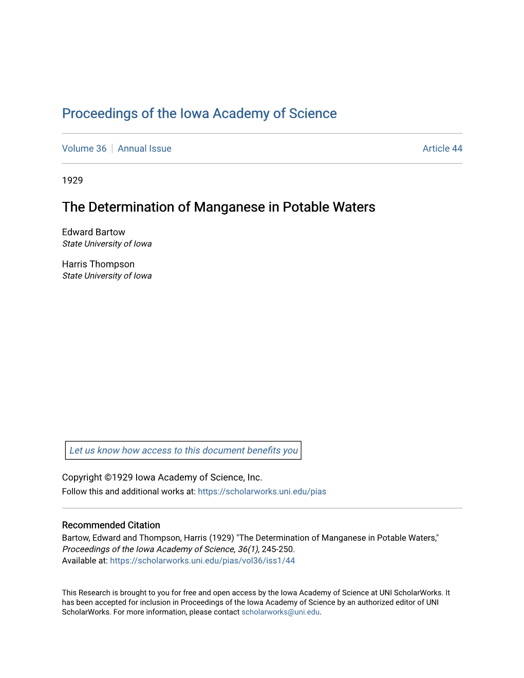 The Determination of Manganese in Potable Waters
