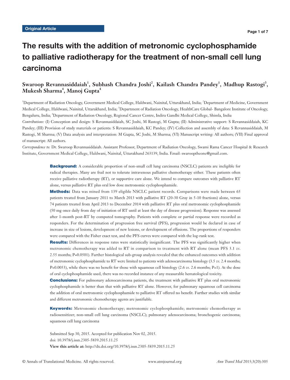 The Results with the Addition of Metronomic Cyclophosphamide to Palliative Radiotherapy for the Treatment of Non-Small Cell Lung Carcinoma