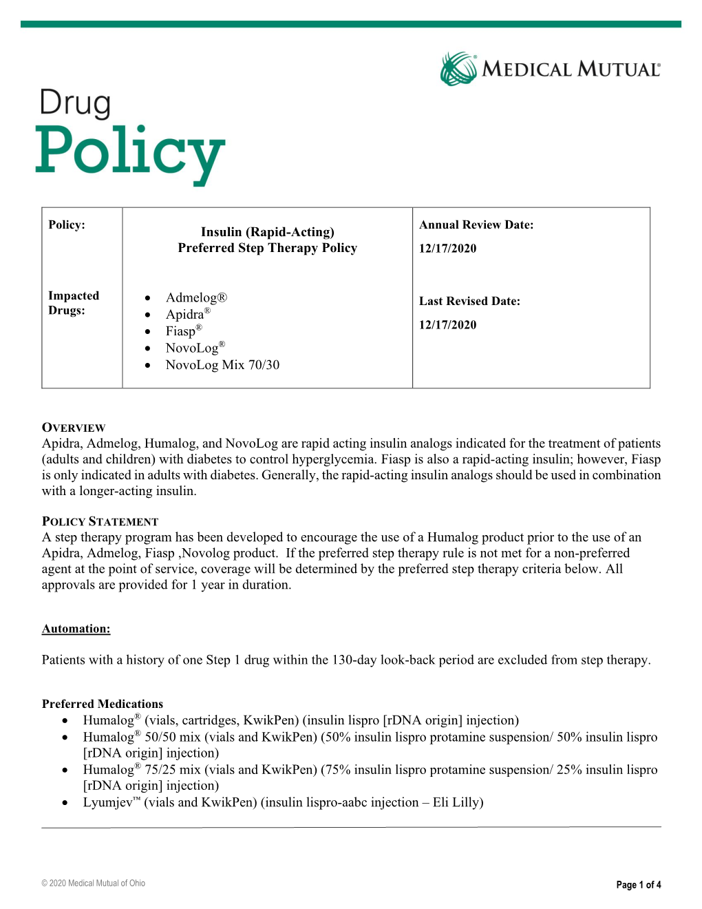 Insulin (Rapid-Acting) Preferred Step Therapy Policy 12/17/2020