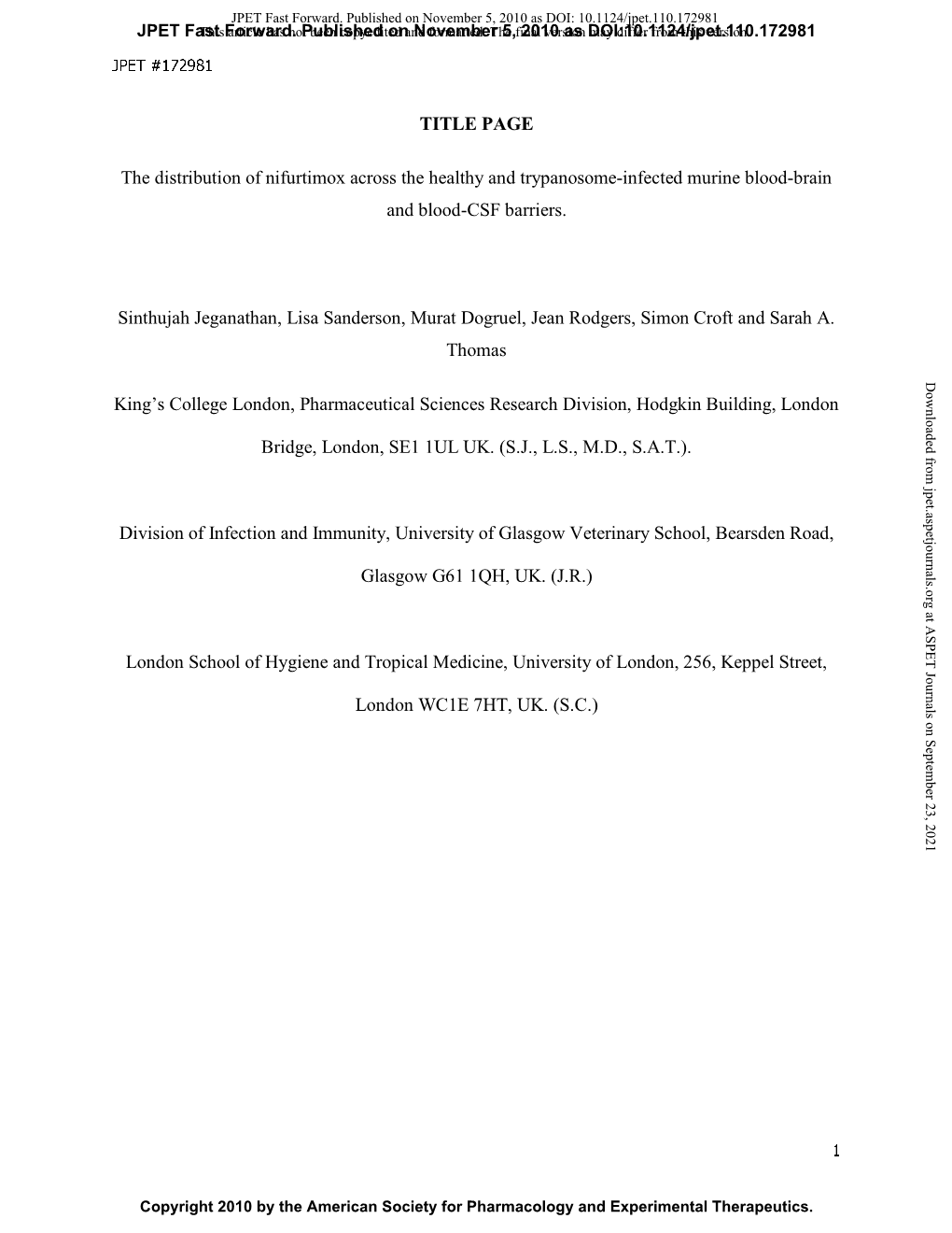 TITLE PAGE the Distribution of Nifurtimox Across the Healthy And