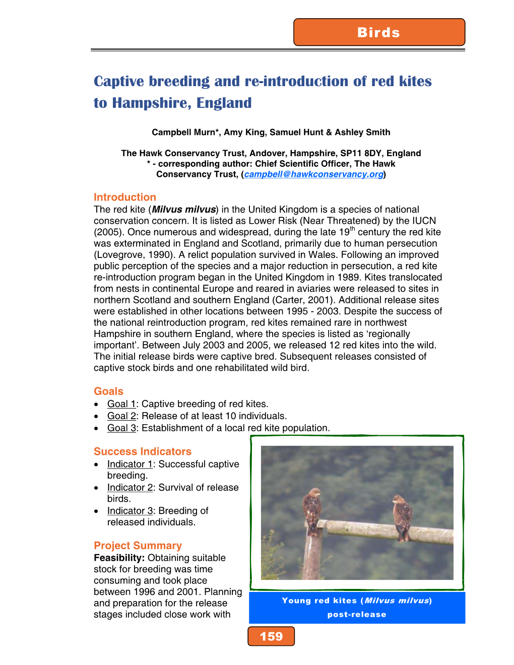 Captive Breeding and Re-Introduction of Red Kites to Hampshire, England