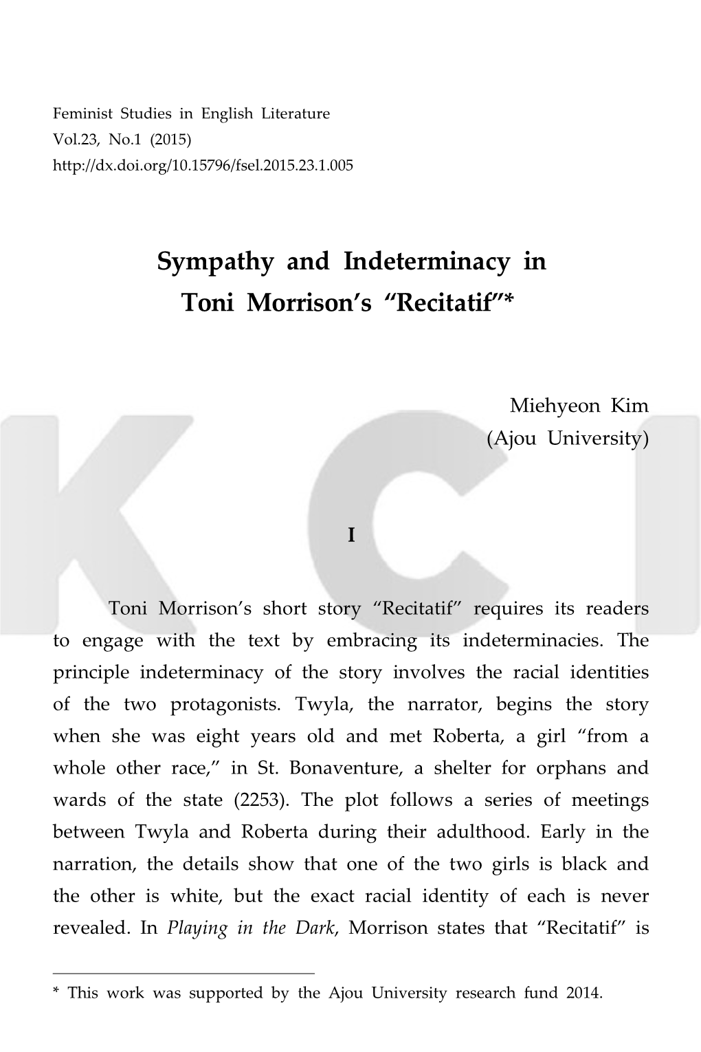 Sympathy and Indeterminacy in Toni Morrison's “Recitatif”*