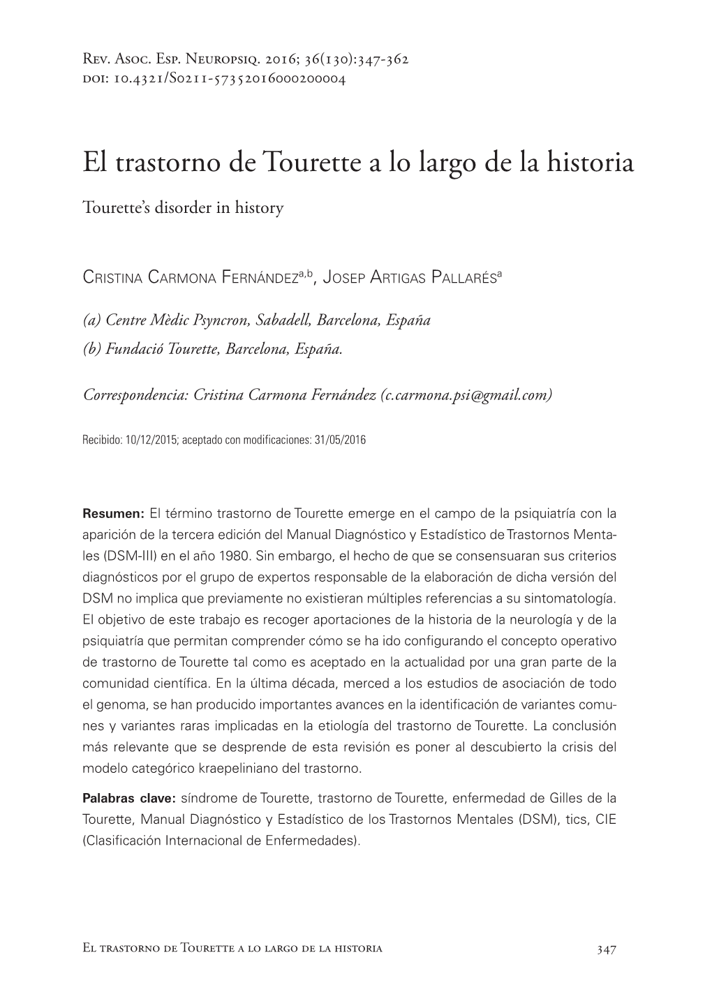 El Trastorno De Tourette a Lo Largo De La Historia