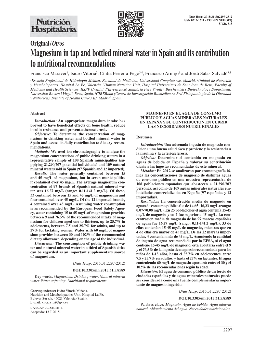 Magnesium in Tap and Bottled Mineral Water in Spain and Its Contribution