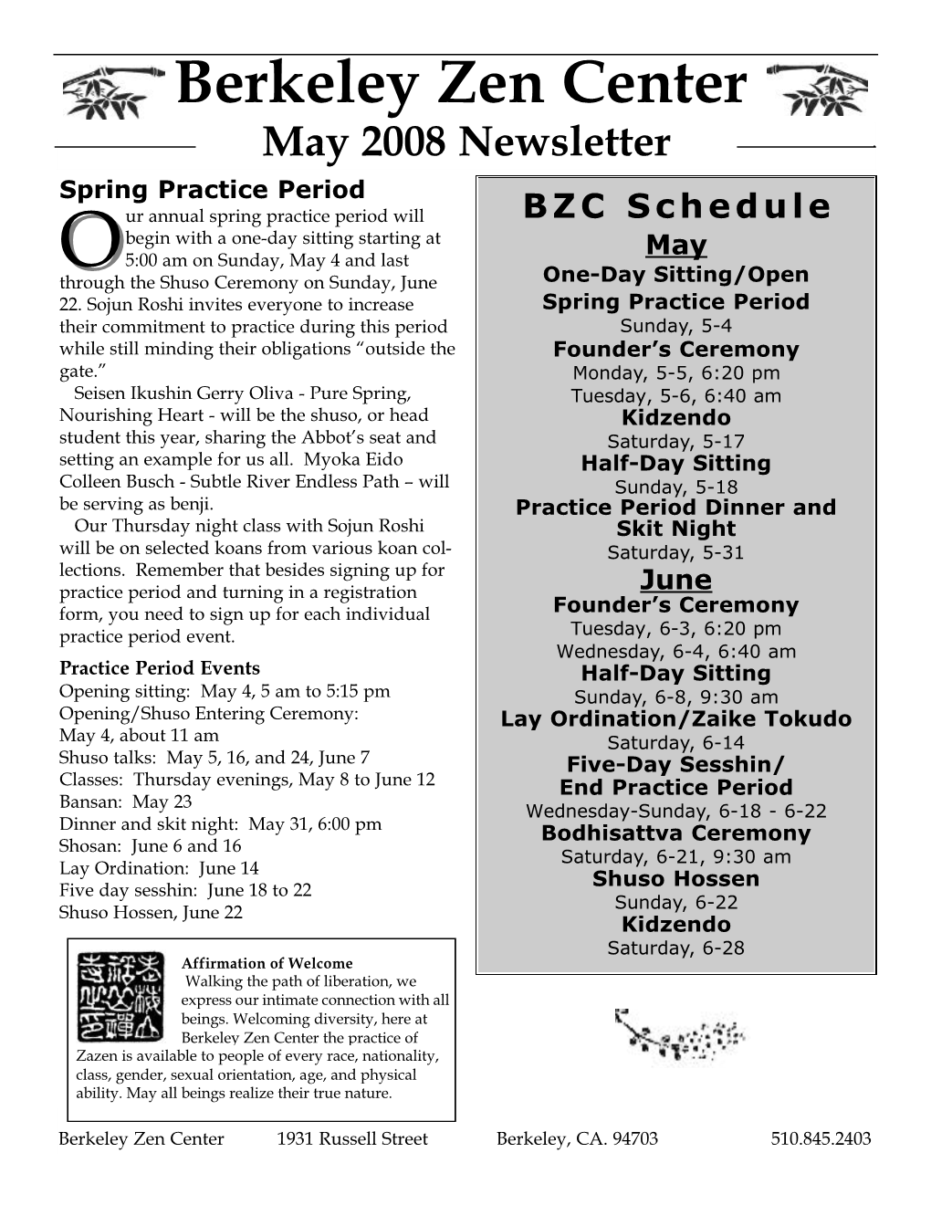 Berkeley Zen Center May 2008 Newsletter