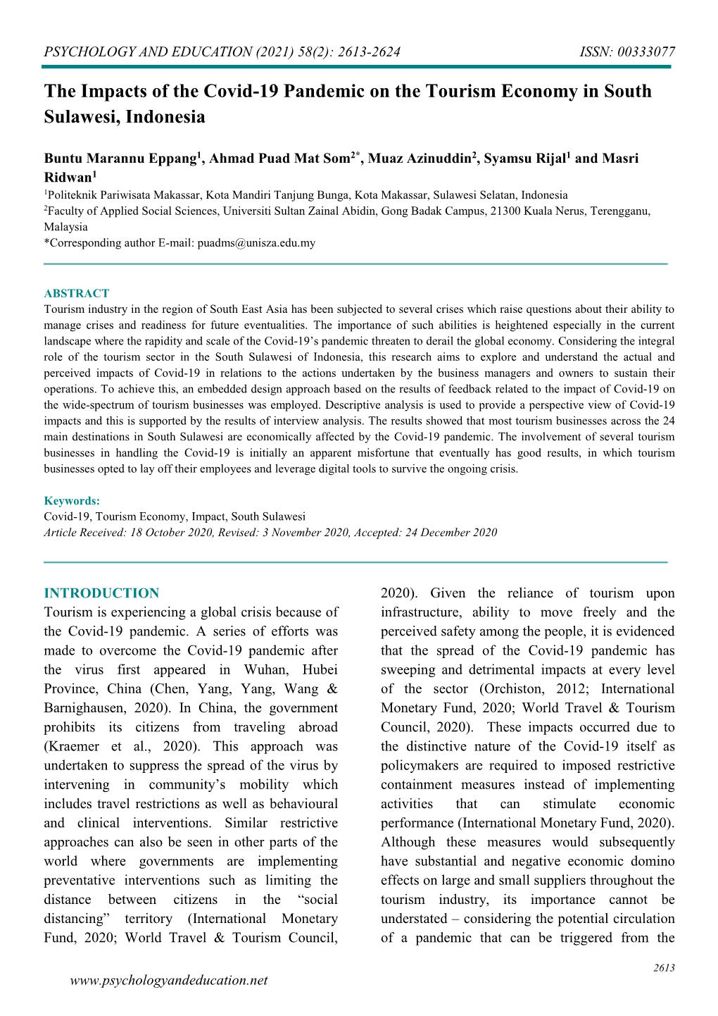 The Impacts of the Covid-19 Pandemic on the Tourism Economy in South Sulawesi, Indonesia