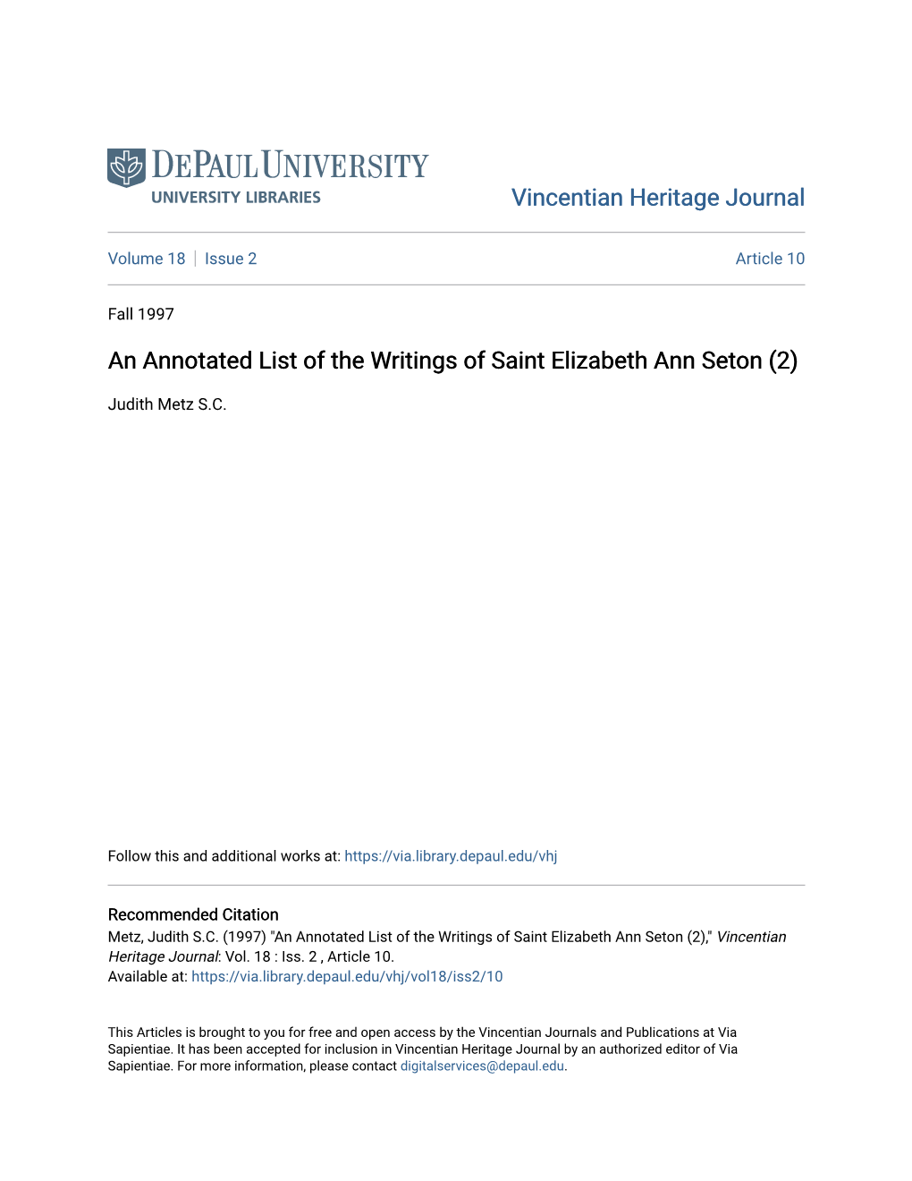 An Annotated List of the Writings of Saint Elizabeth Ann Seton (2)