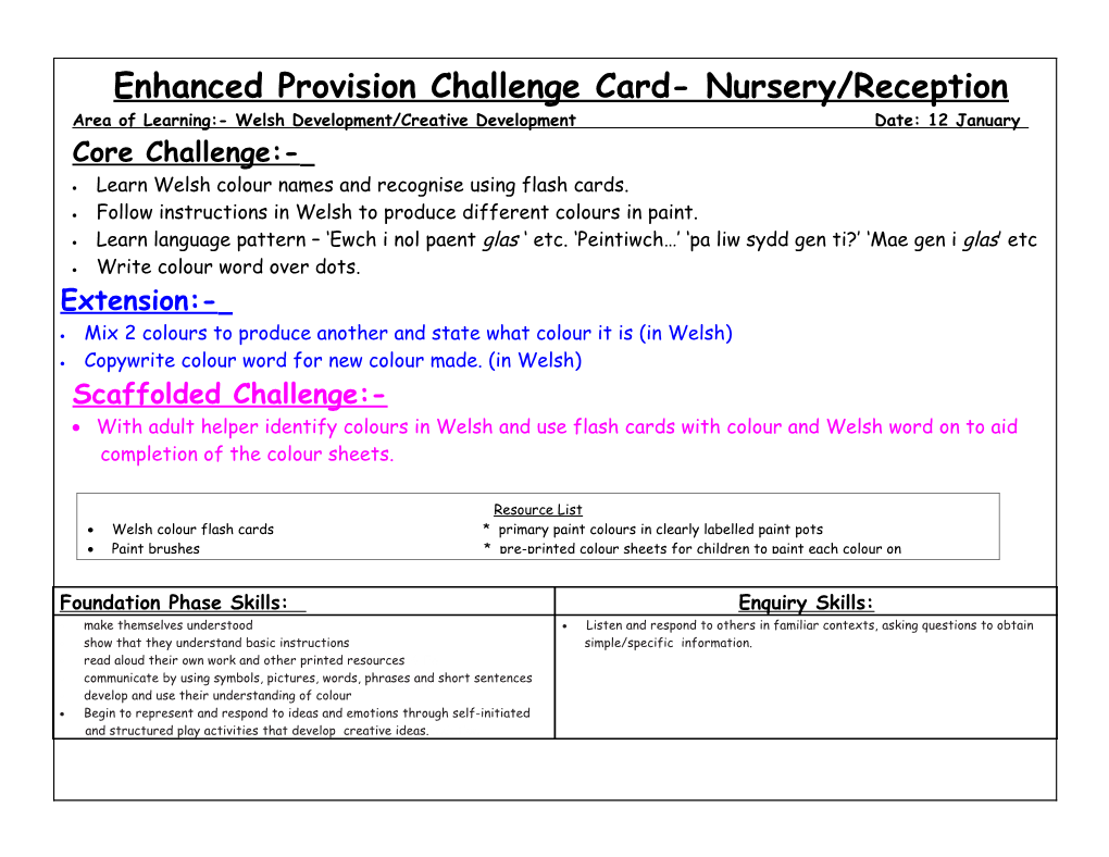 Enhanced Provision Challenge Card- Nursery/Reception