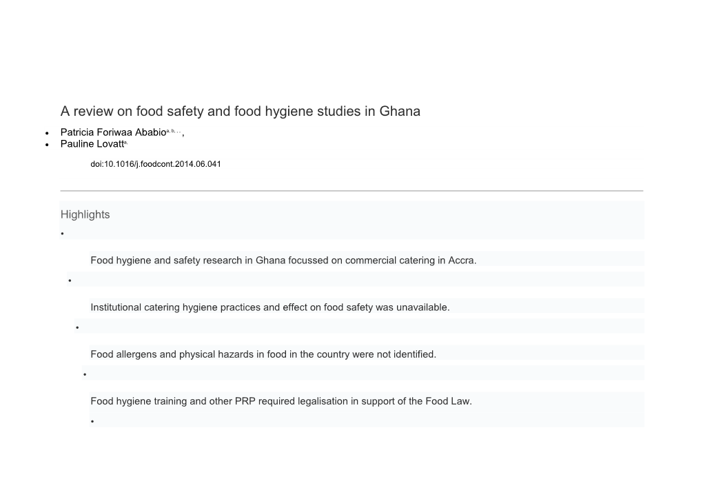 A Review on Food Safety and Food Hygiene Studies in Ghana