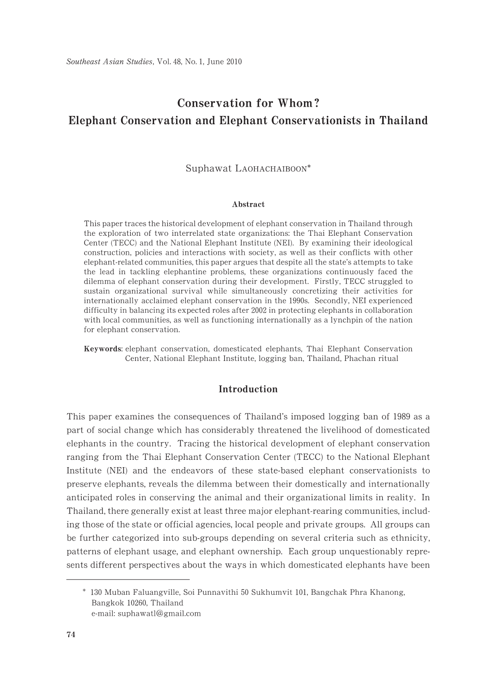 Elephant Conservation and Elephant Conservationists in Thailand