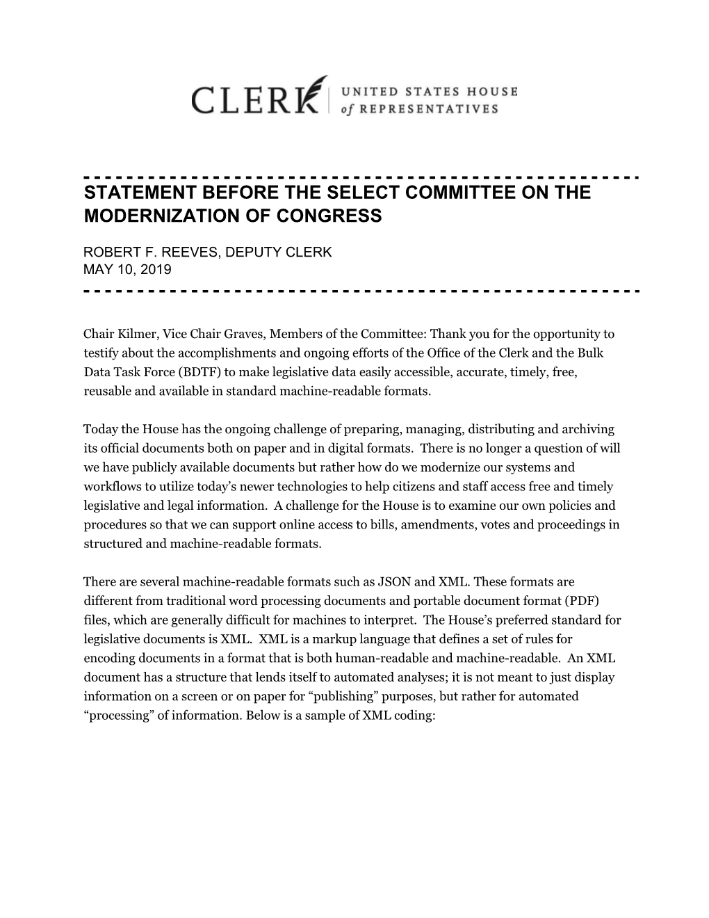 Statement Before the Select Committee on the Modernization of Congress