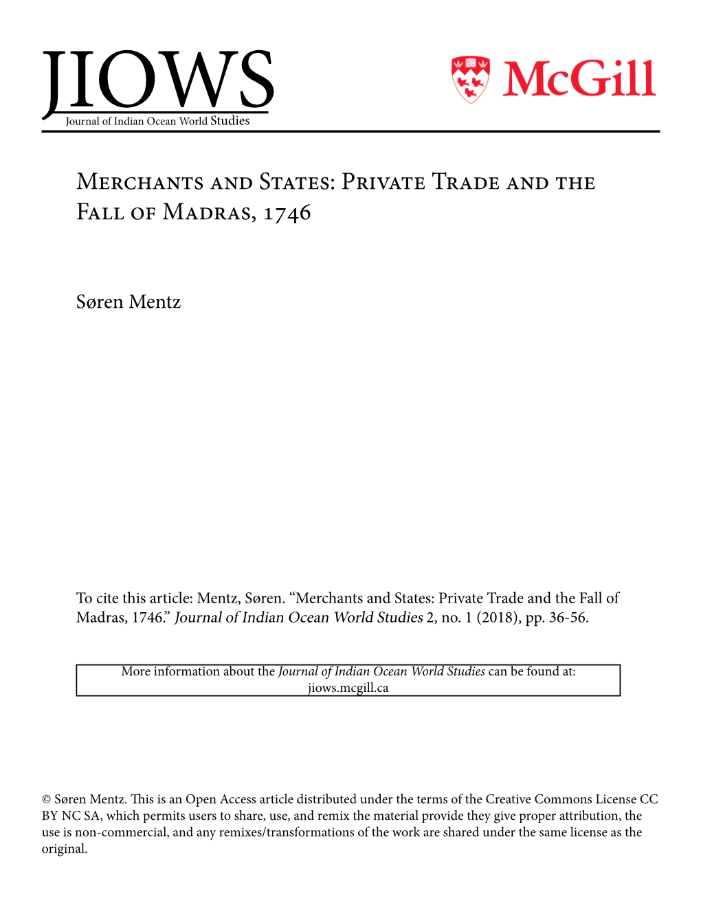 Merchants and States: Private Trade and the Fall of Madras, 1746