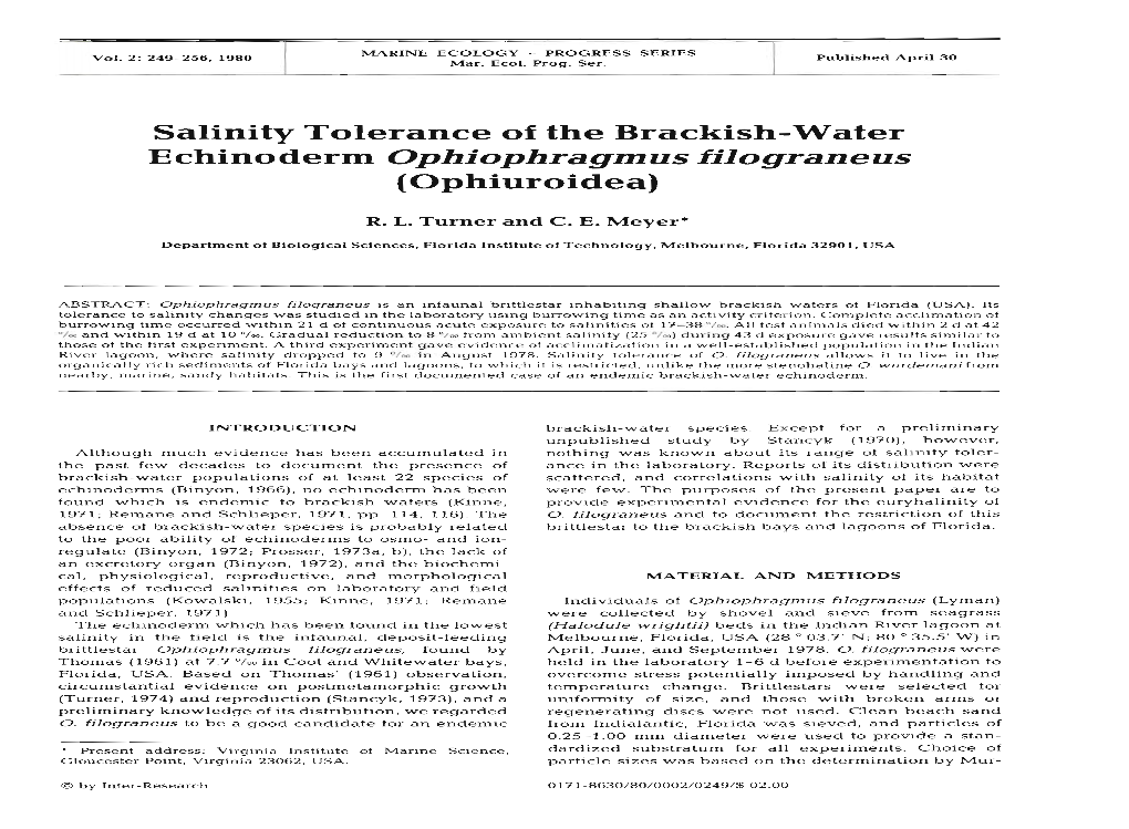 Salinity Tolerance of the Brackish-Water Echinoderm Ophiophragmus Filograneus (Ophiuroidea)