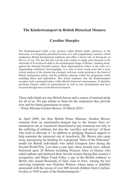 The Kindertransport in British Historical Memory Caroline Sharples
