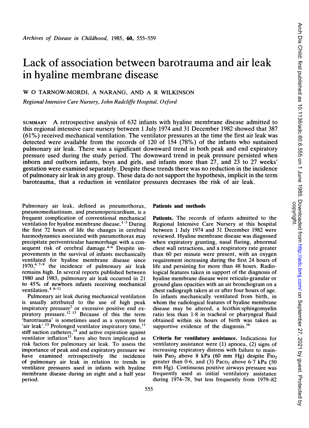 Lack of Association Between Barotrauma and Air Leak in Hyaline Membrane Disease