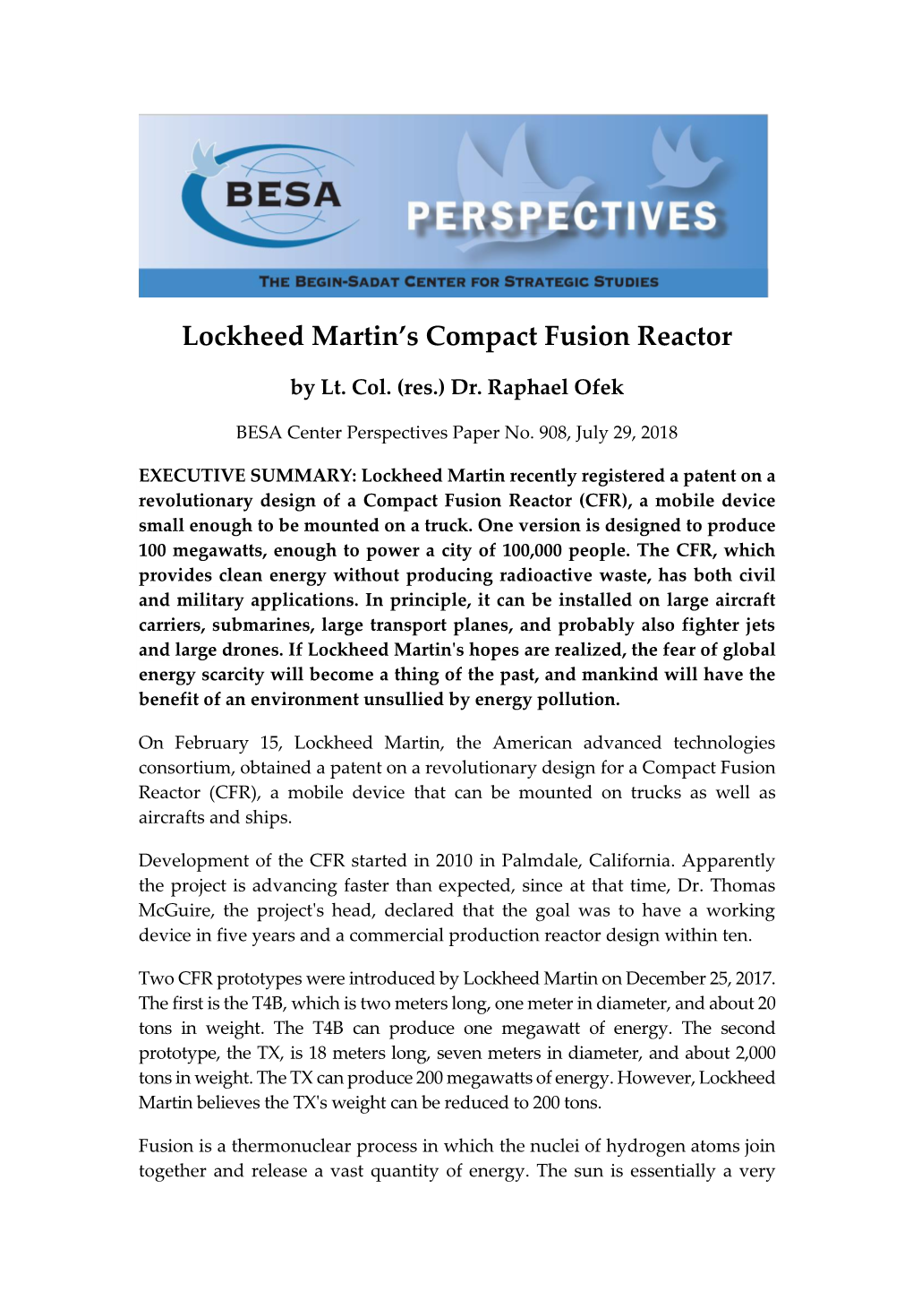 Lockheed Martin's Compact Fusion Reactor