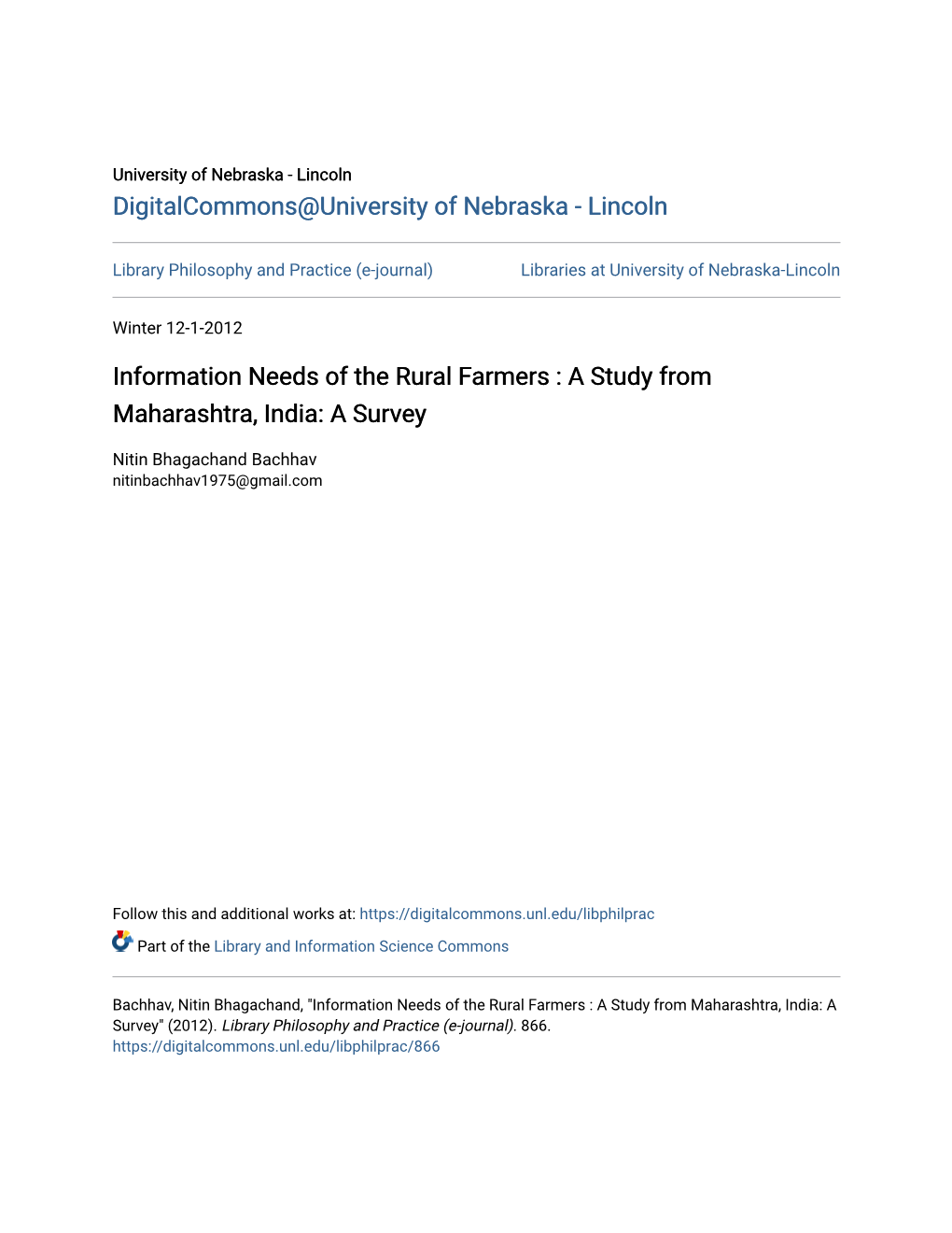 Information Needs of the Rural Farmers : a Study from Maharashtra, India: a Survey