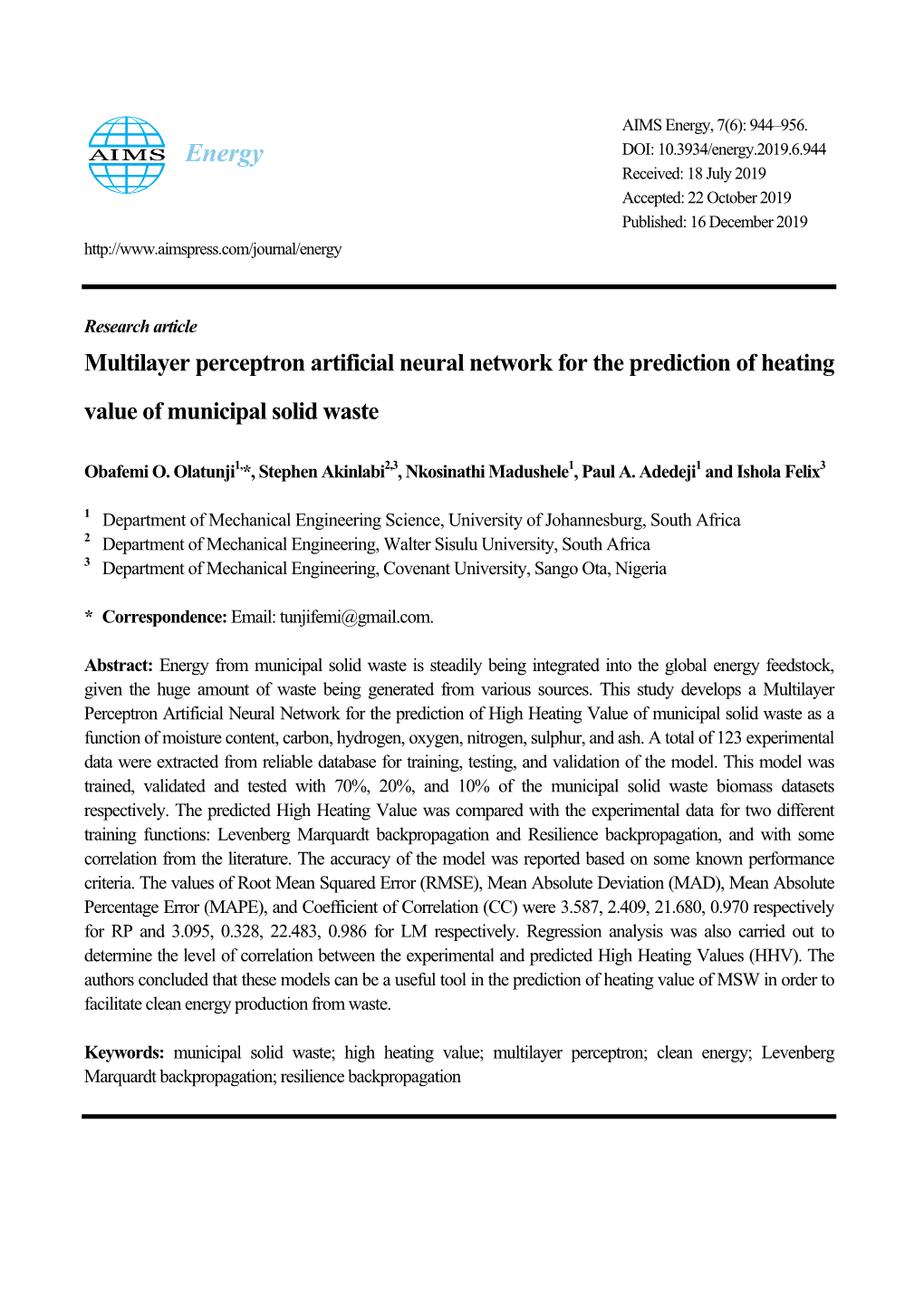 Multilayer Perceptron Artificial Neural Network for the Prediction of Heating Value of Municipal Solid Waste