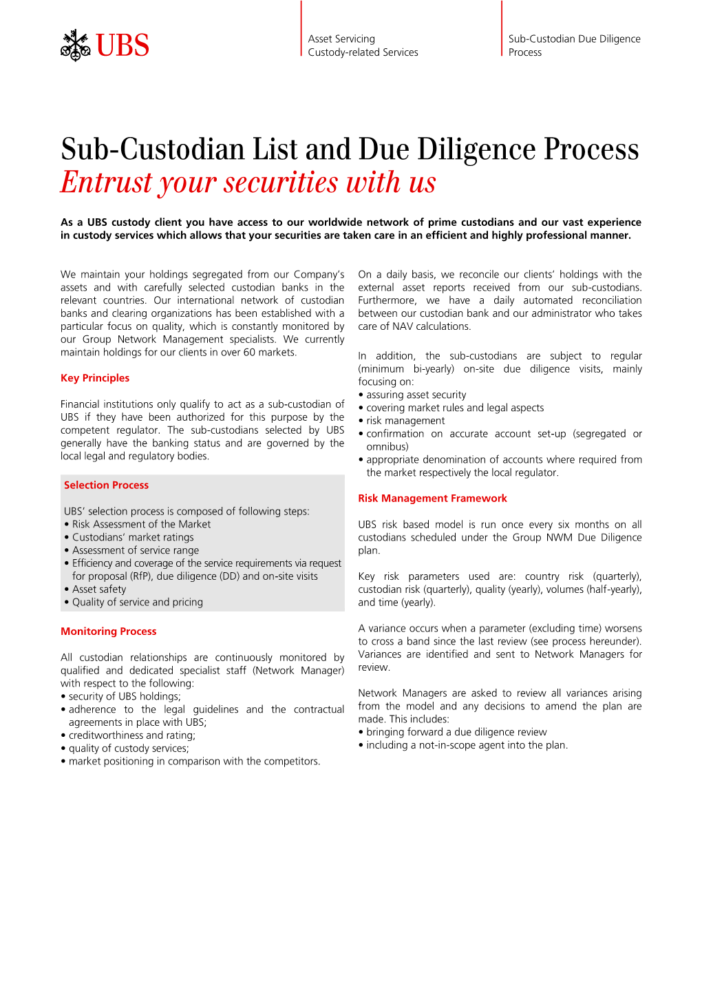 Sub-Custodian List and Due Diligence Process Entrust Your Securities with Us