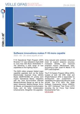 Software Innovations Makes F-16 More Capable 2020 - 04 - 28