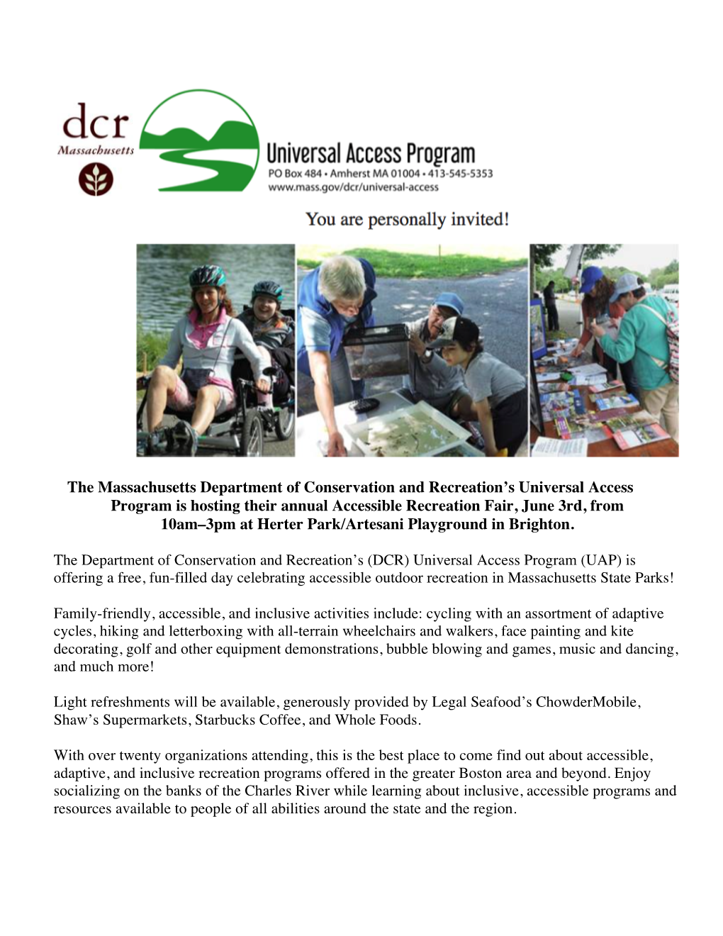 The Massachusetts Department of Conservation and Recreation's Universal Access Program Is Hosting Their Annual Accessible Recr