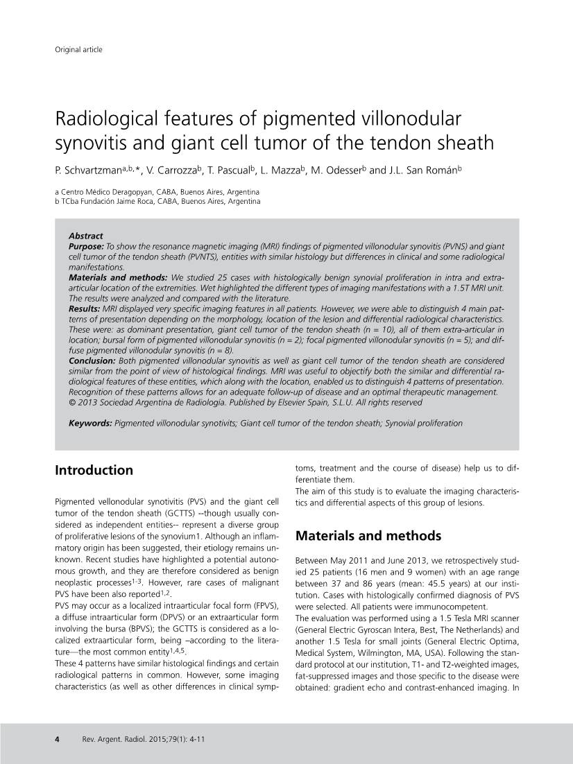 Radiological Features of Pigmented Villonodular Synovitis and Giant Cell Tumor of the Tendon Sheath