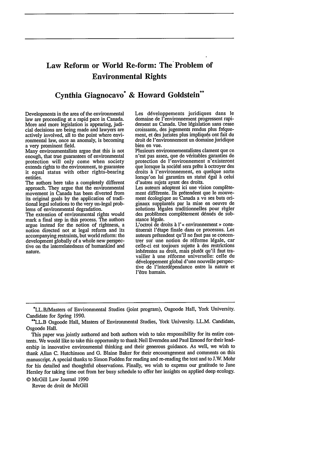 Law Reform Or World Re-Form: the Problem of Environmental Rights