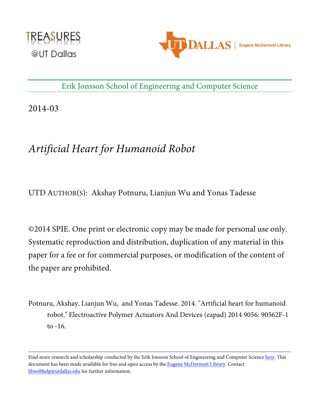 Artificial Heart for Humanoid Robot